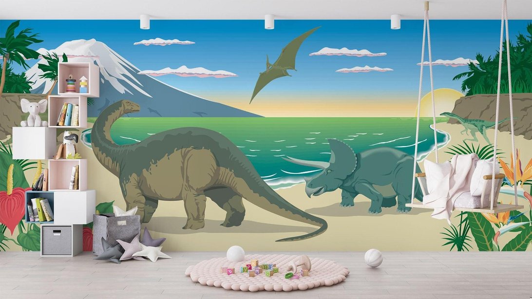 Dinosaur mural wallpaper showing prehistoric scene with Brachiosaurus and Triceratops by the ocean