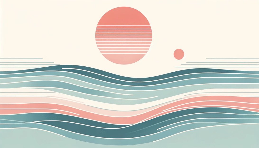 Close-up of Japanese minimalist mural wallpaper pattern showing geometric waves and coral sun