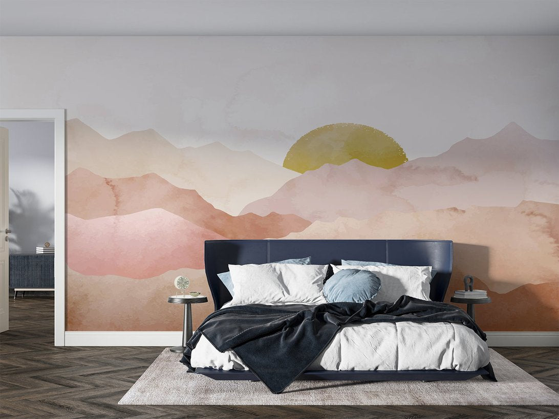Terracotta mountain mural wallpaper in contemporary bedroom with dark furniture