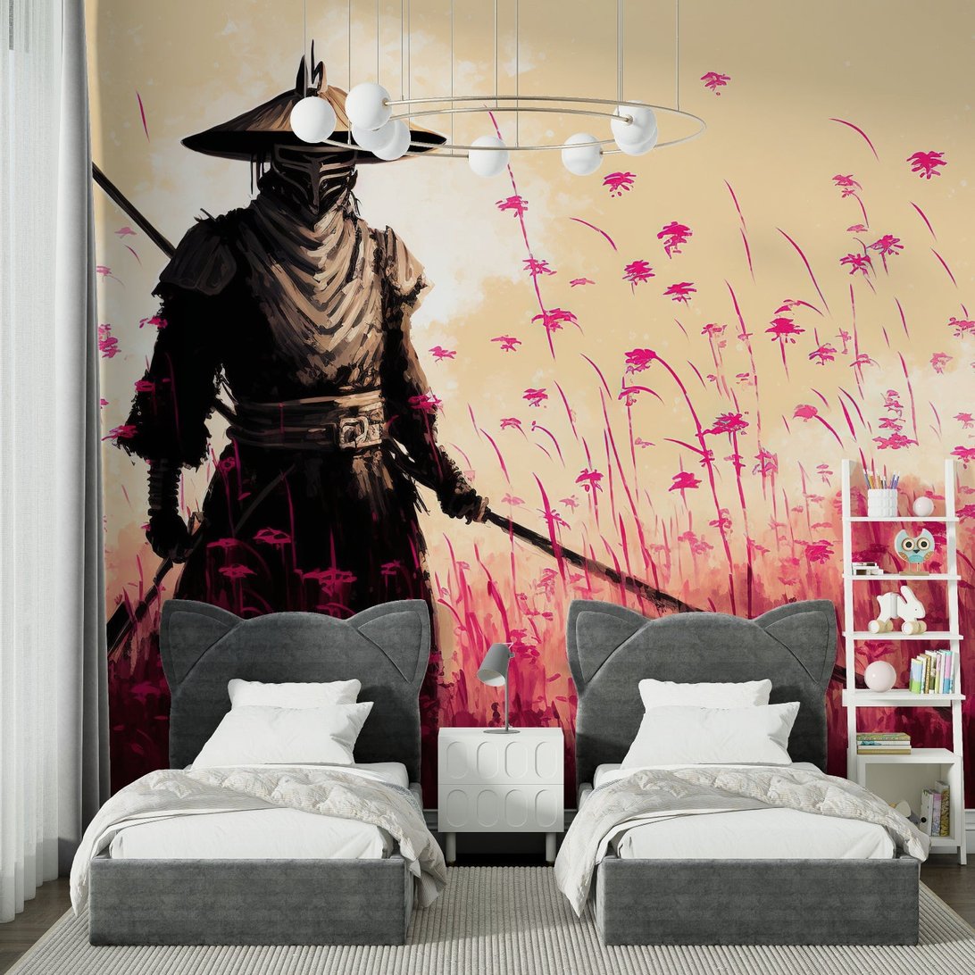 Japanese mural wallpaper featuring samurai warrior in pink flower field, displayed in children's bedroom