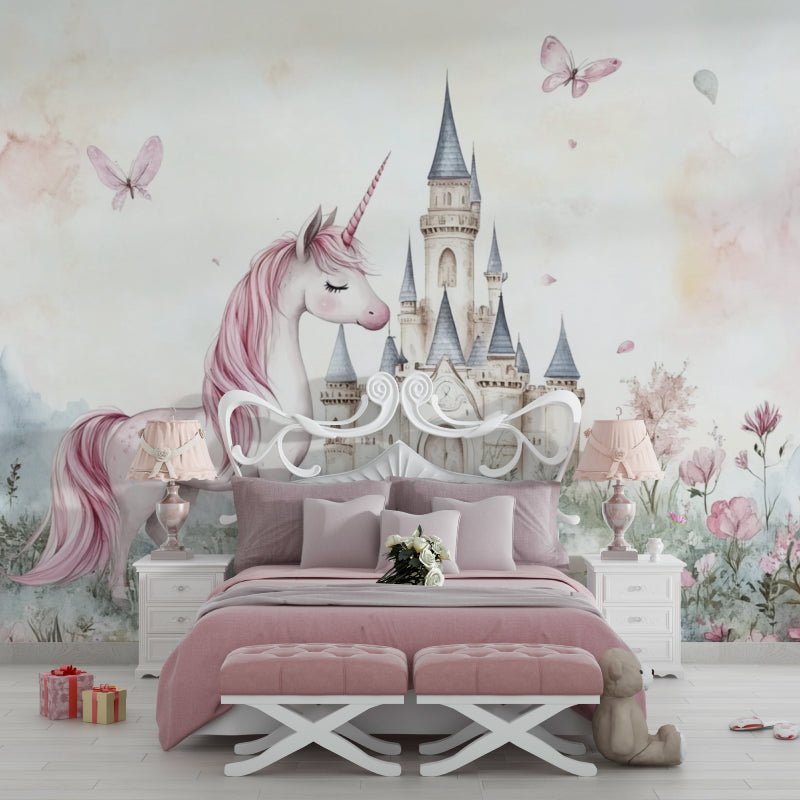 Enchanting unicorn wall mural in elegant bedroom with pink and white furniture