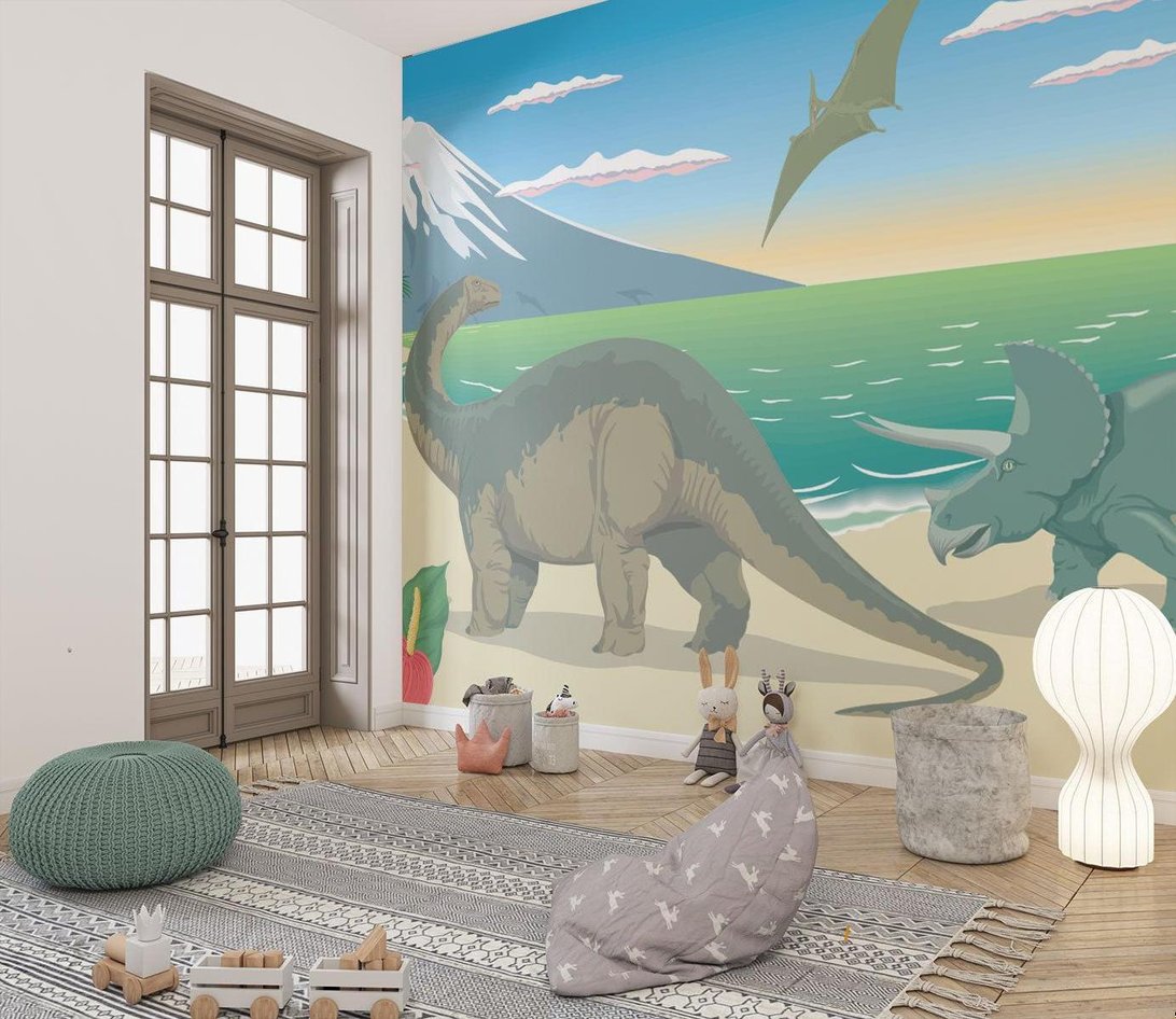 Close-up view of dinosaur mural wallpaper with detailed prehistoric landscape