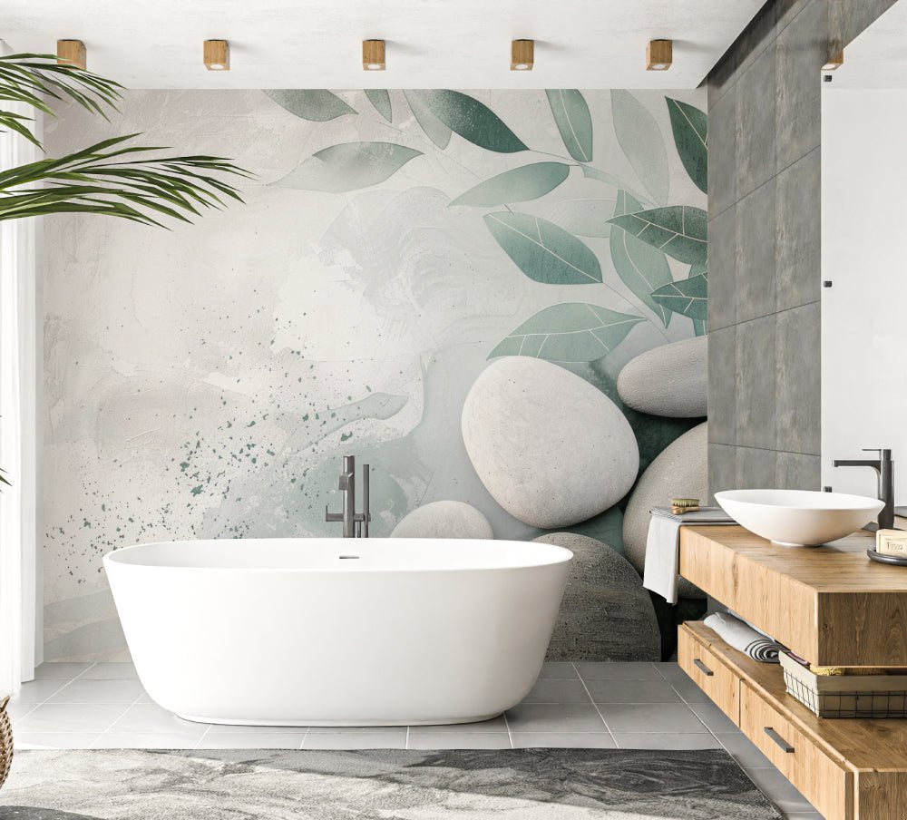 Zen bathroom featuring sage leaf and pebble mural wallpaper with freestanding white bathtub
