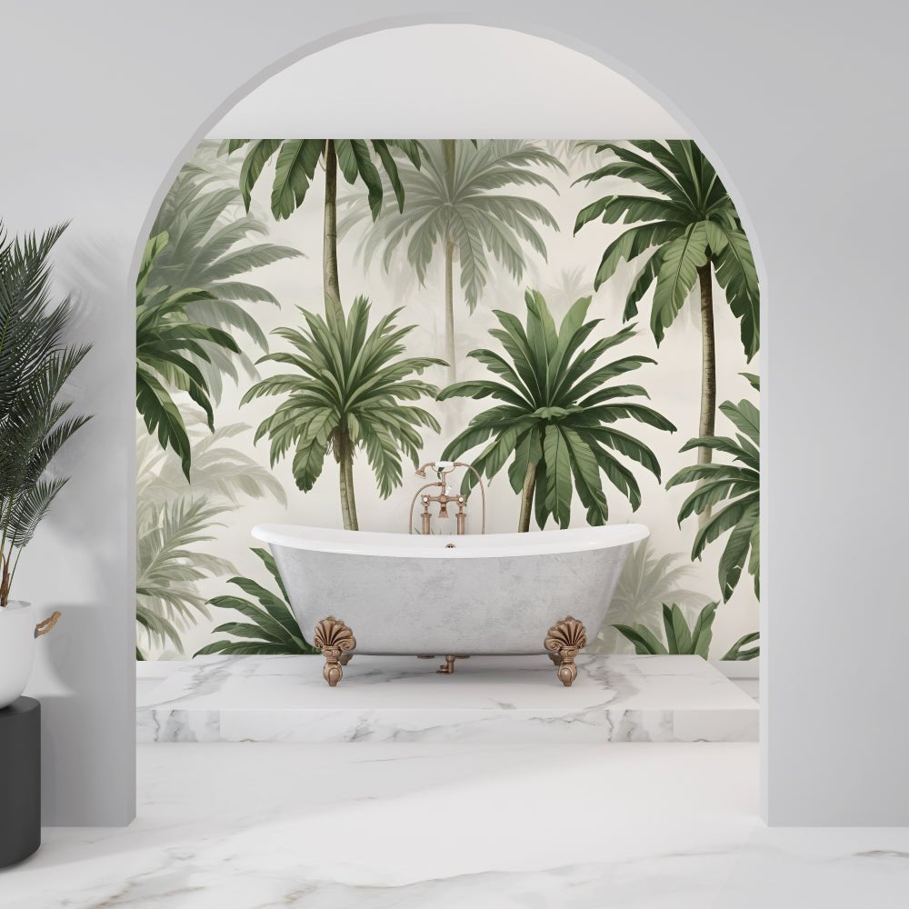 Elegant clawfoot bathtub against palm tree mural wallpaper in luxury bathroom