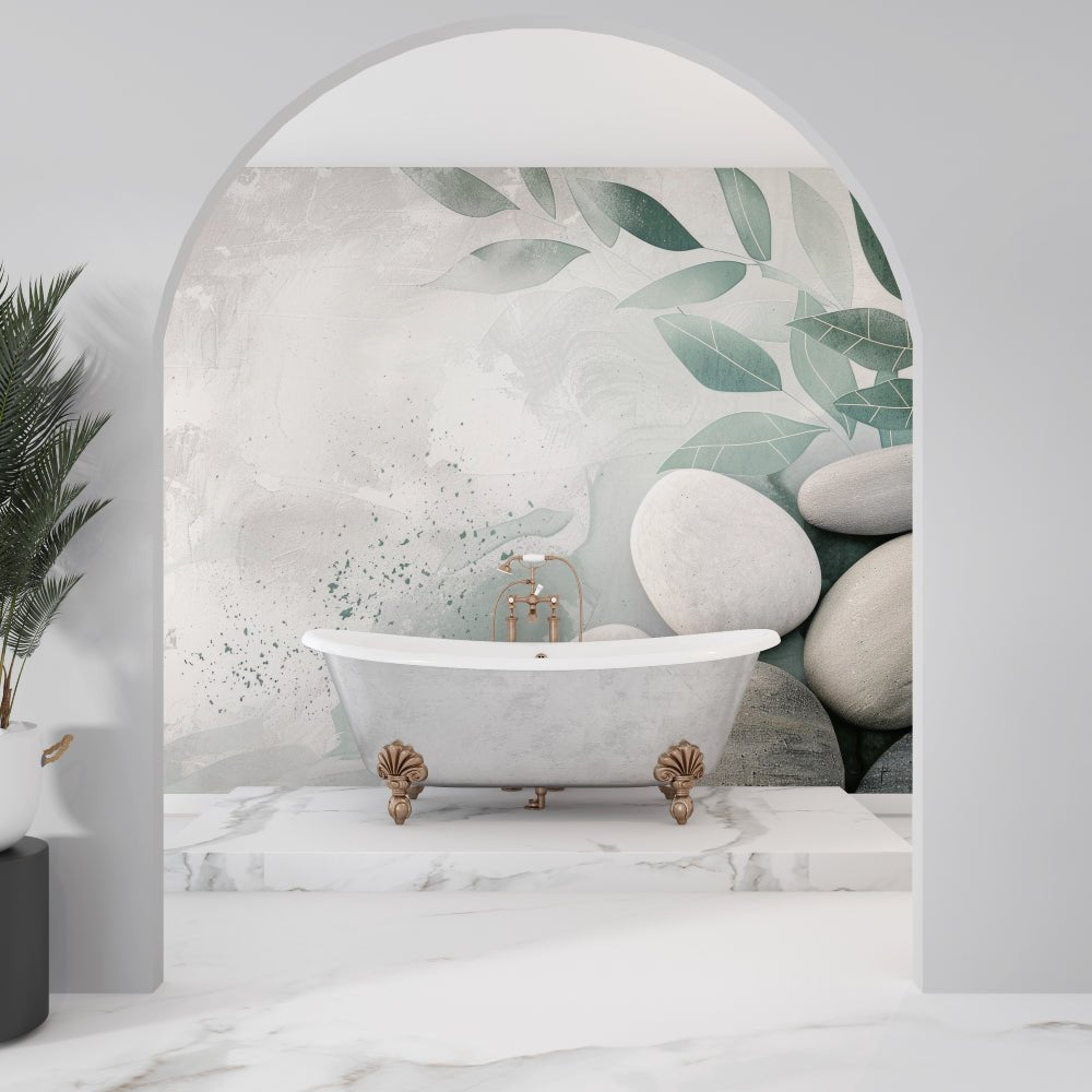 Elegant arched bathroom with vintage-style bathtub and zen botanical wallpaper