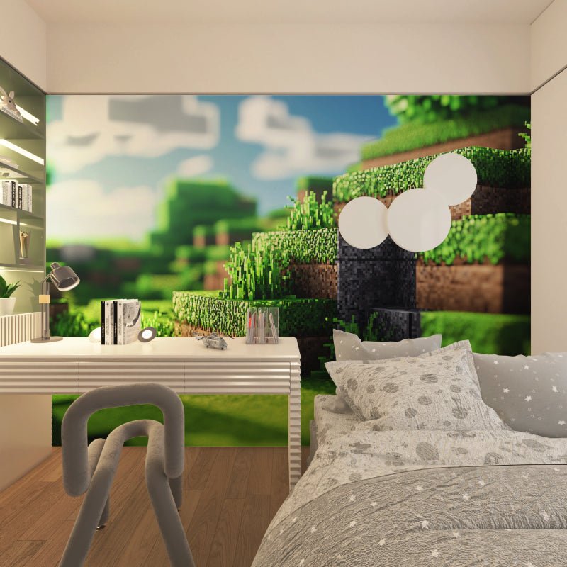 Minecraft gaming mural wallpaper in modern bedroom with desk setup