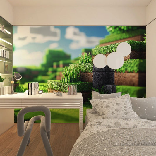 Minecraft gaming mural wallpaper in modern bedroom with desk setup