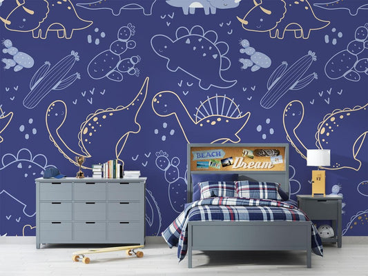 Dinosaur line art mural wallpaper in navy blue and gold shown in a modern kids bedroom