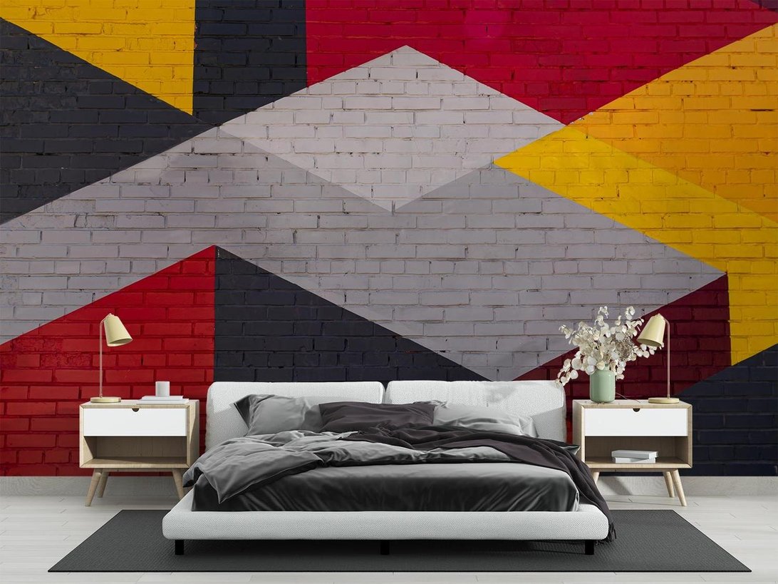 Modern geometric brick mural wallpaper with diamond pattern in bedroom setting