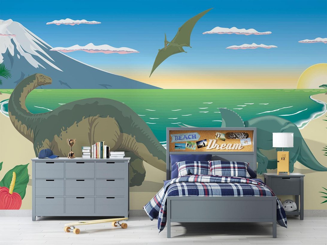 Dinosaur wallpaper installation in children's bedroom showing full wall coverage