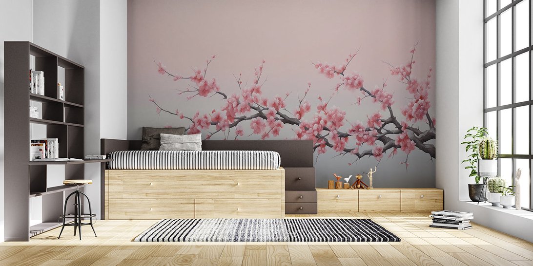 Full wall view of Japanese Sakura mural wallpaper installation
