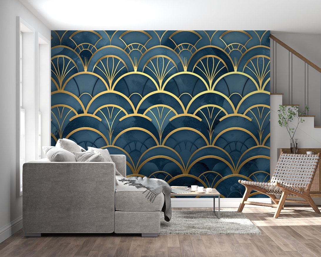 Art Deco wall mural showing intricate golden fan design in contemporary space