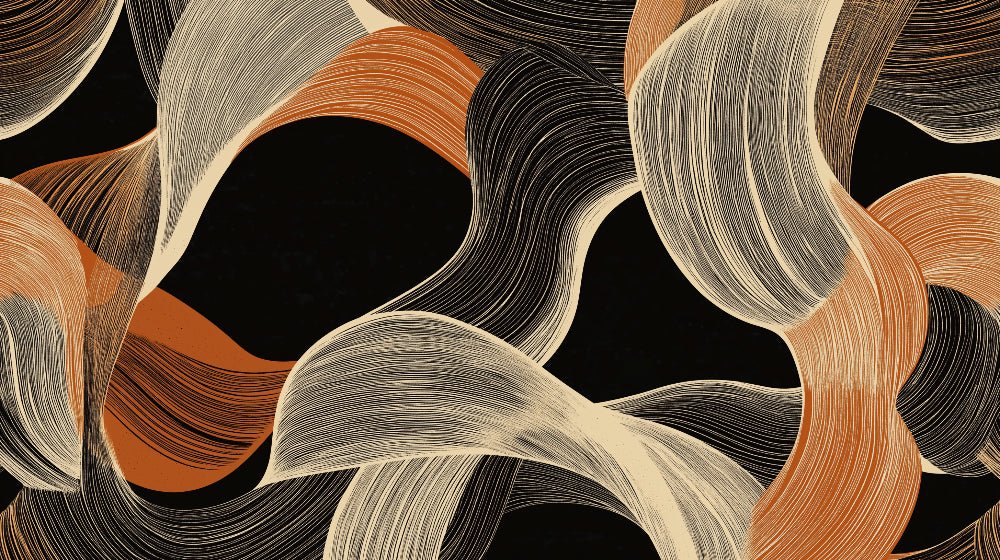 Abstract wave mural wallpaper with flowing terracotta and beige lines on black background, creating an elegant modern pattern
