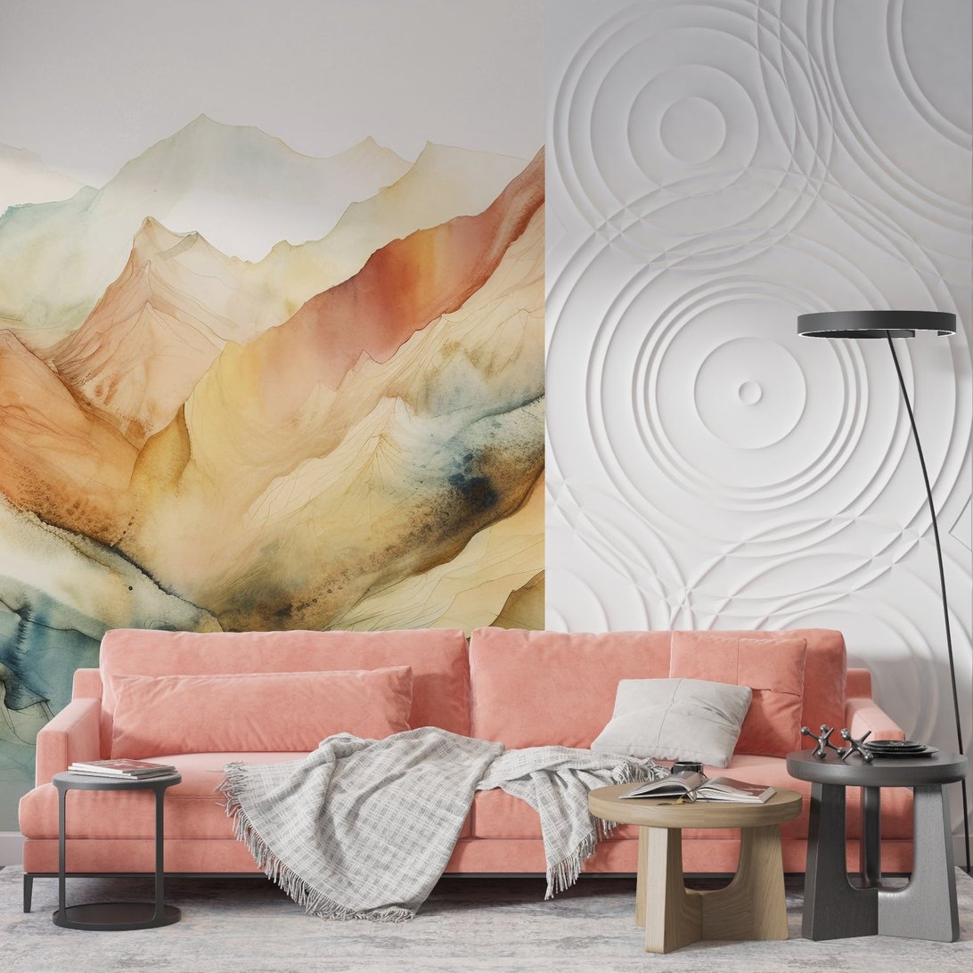 Watercolor mountain landscape wallpaper with pink sofa and modern decor