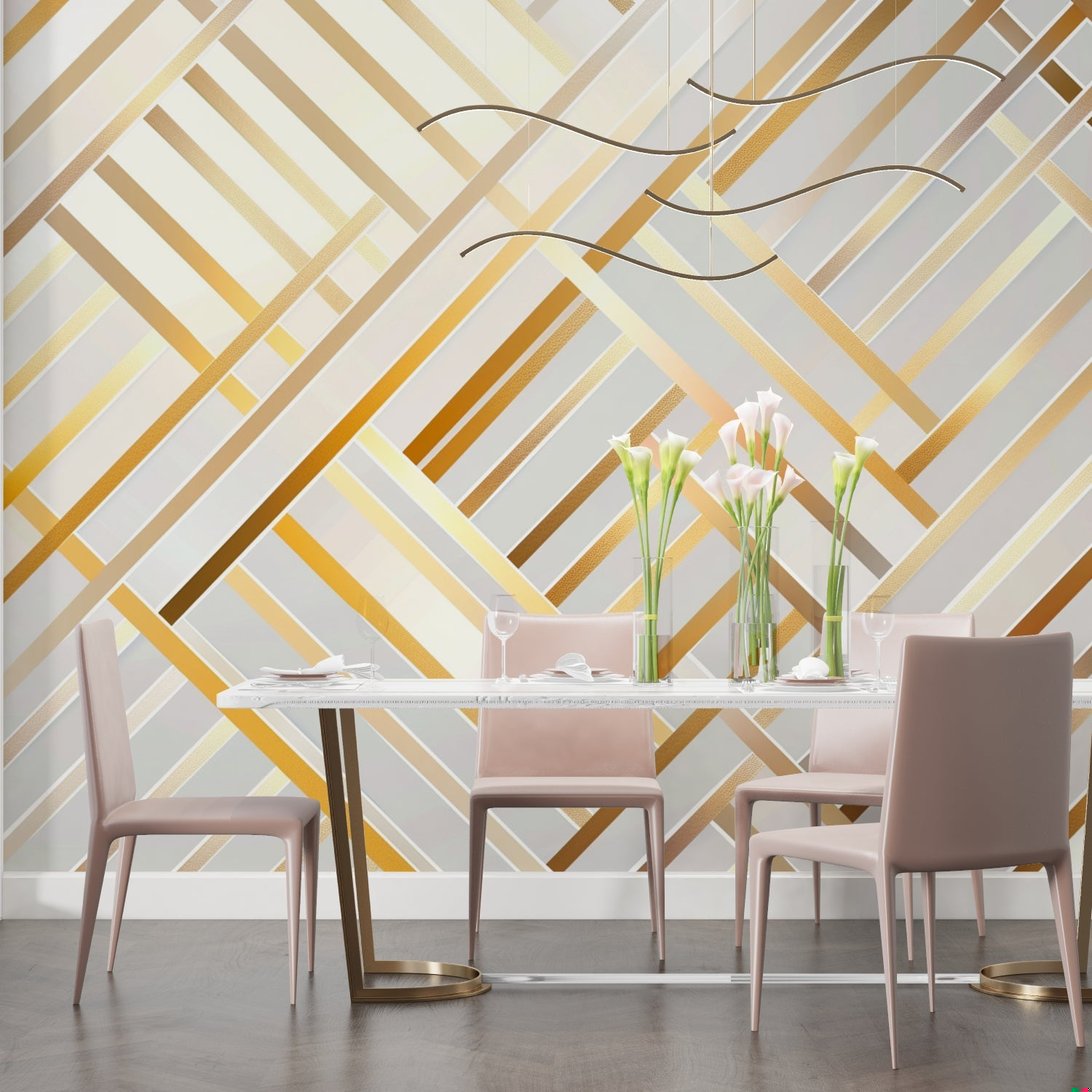 Close-up of gold geometric pattern on white mural wallpaper