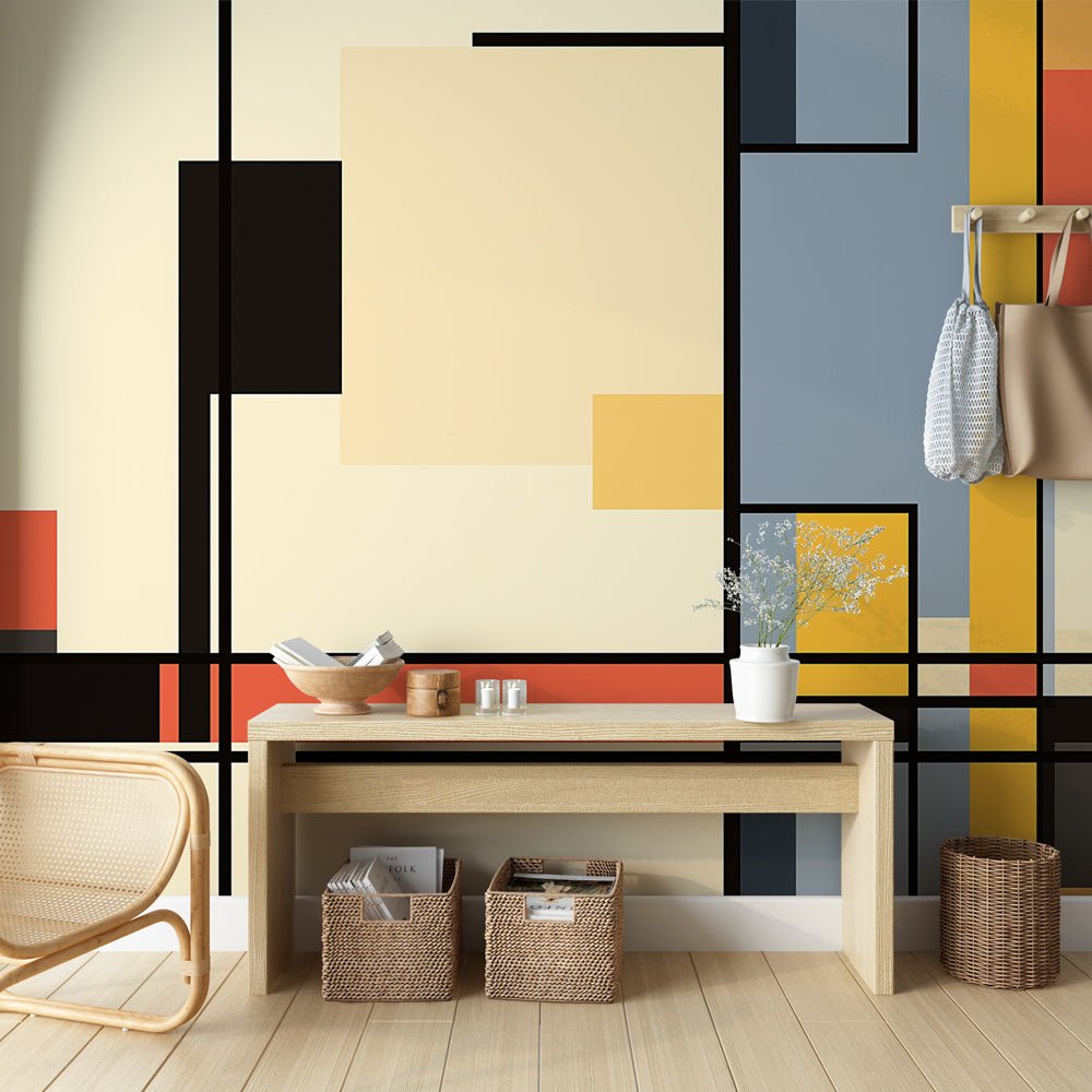 Modern Mondrian geometric mural wallpaper in a contemporary living space with natural furniture and decor