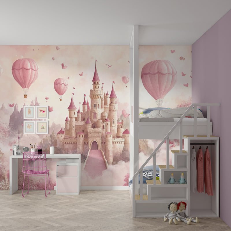 Princess castle mural wallpaper with pink hot air balloons in a modern children's bedroom
