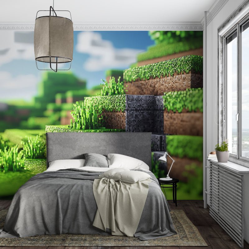 Gaming themed room with Minecraft landscape wall mural installation