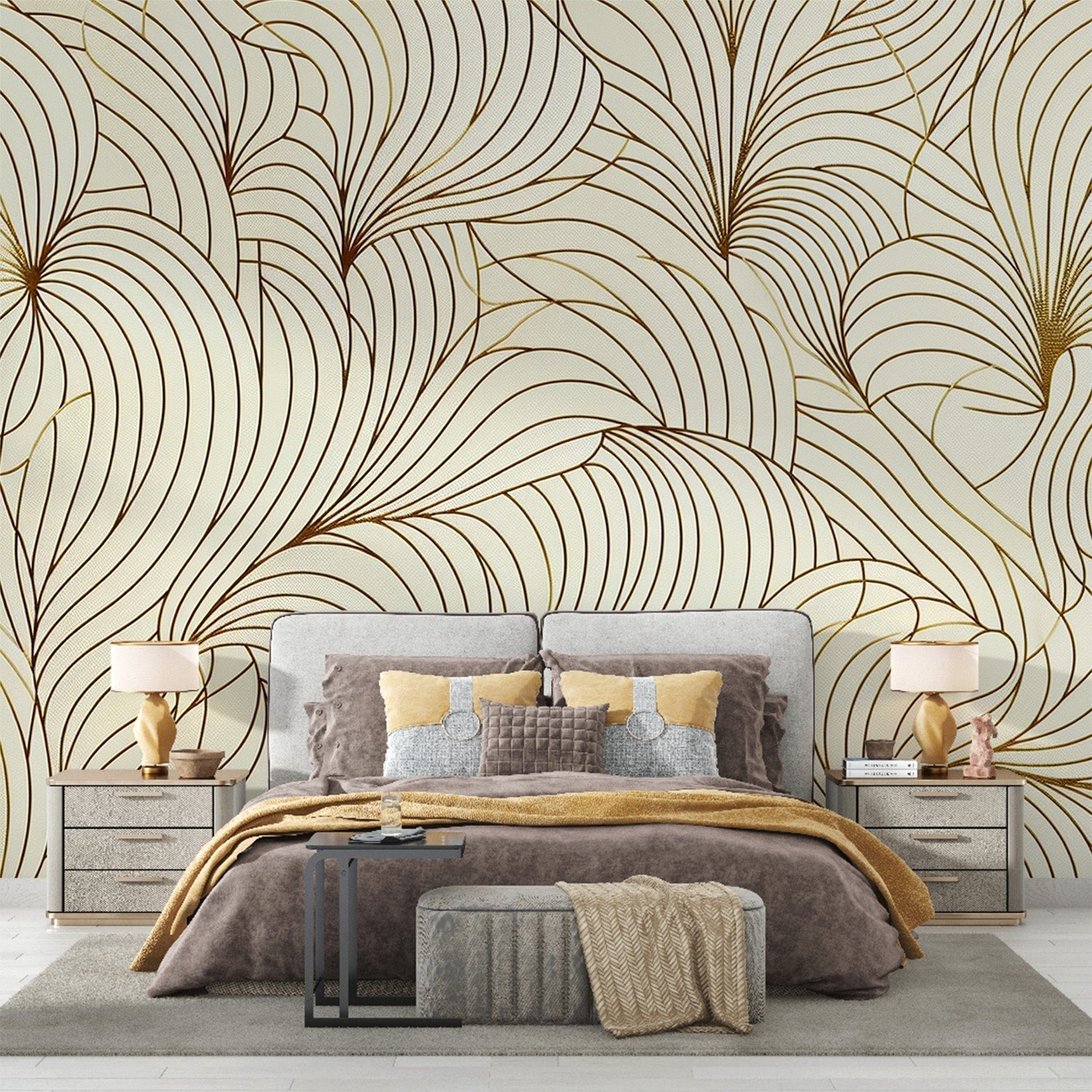 Art Deco golden feathers mural wallpaper in modern bedroom setting with beige and gold decor
