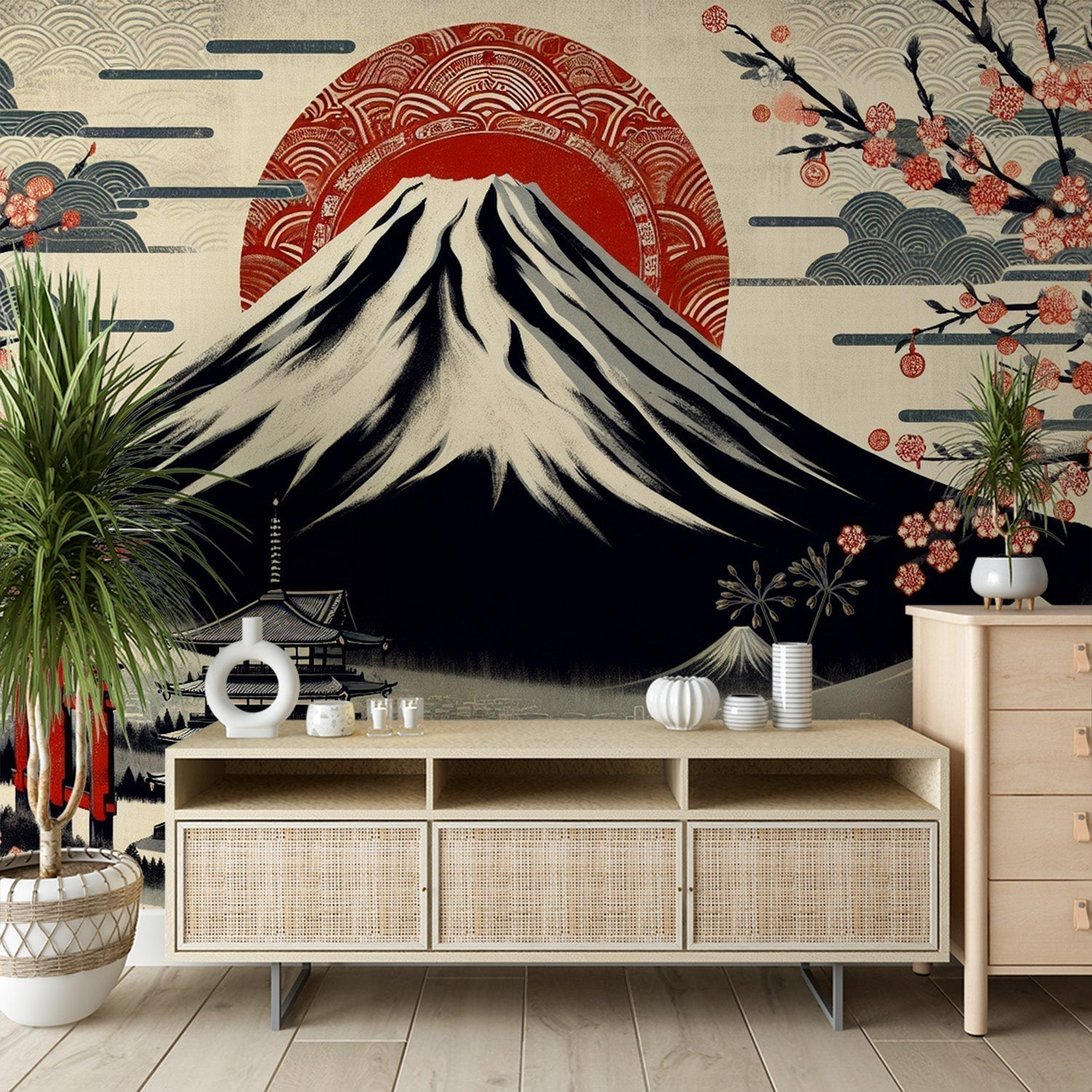 Mount Fuji Japanese mural wallpaper with cherry blossoms and red sun in traditional room setting