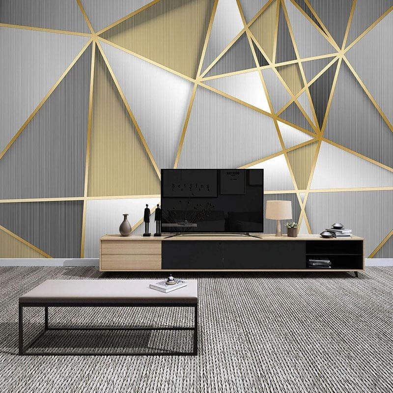 Luxury geometric wall mural with gold metallic details in modern interior