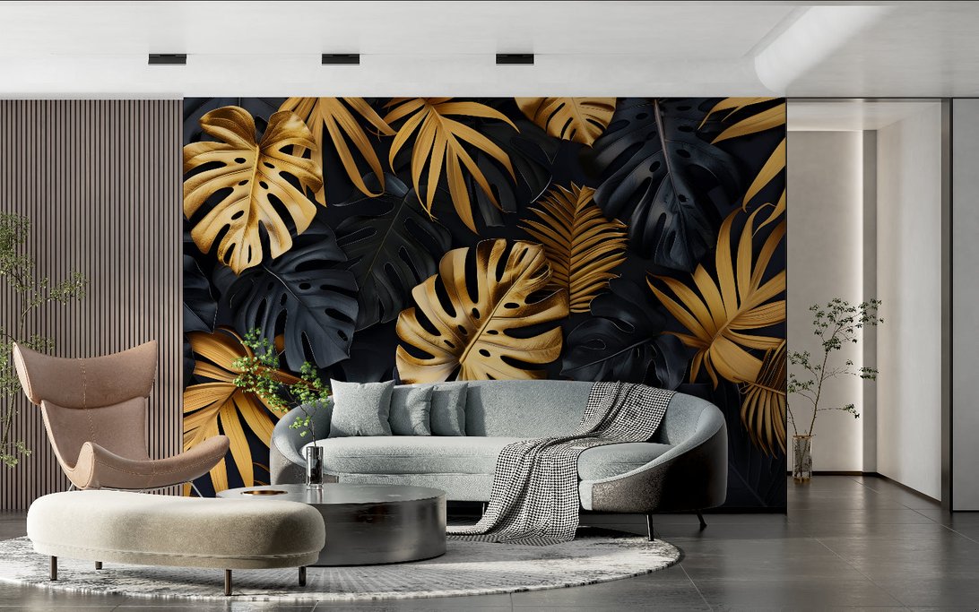 Contemporary living room featuring black and gold tropical leaf wallpaper design