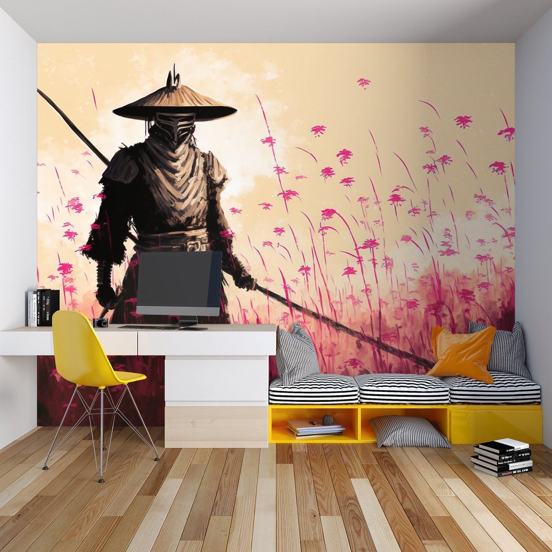 Japanese samurai wall mural in modern home office setting with yellow accents
