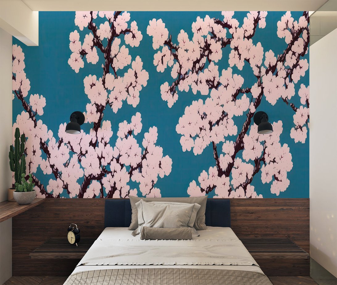 Teal and pink sakura mural wallpaper in minimalist bedroom setting