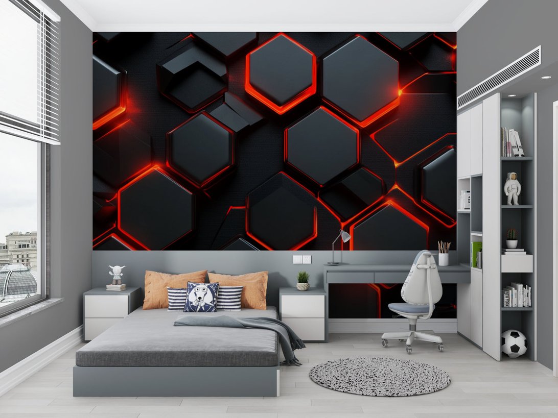Detailed view of 3D hexagonal pattern with red illuminated edges