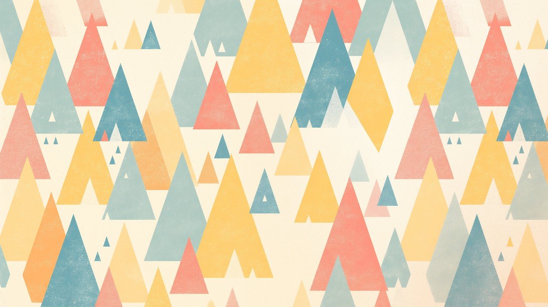 Close-up of geometric mountain pattern mural wallpaper in coral, yellow, and sage blue pastel colors