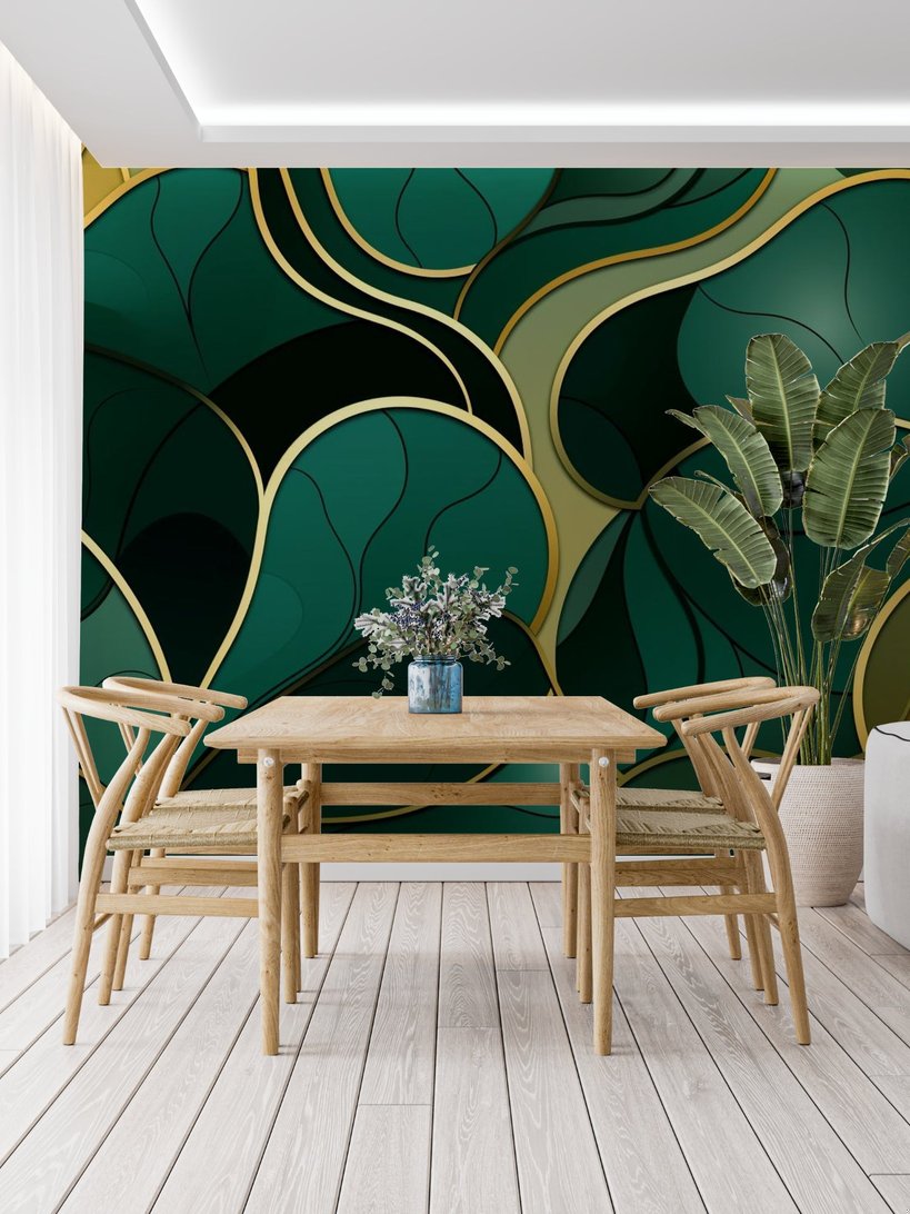 Detailed view of emerald and gold Art Deco leaf pattern mural wallpaper