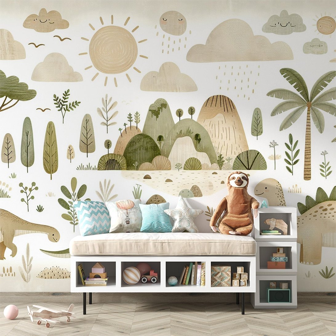Gentle dinosaur mural wallpaper in sage green and beige tones, showing a peaceful prehistoric landscape with mountains and palm trees