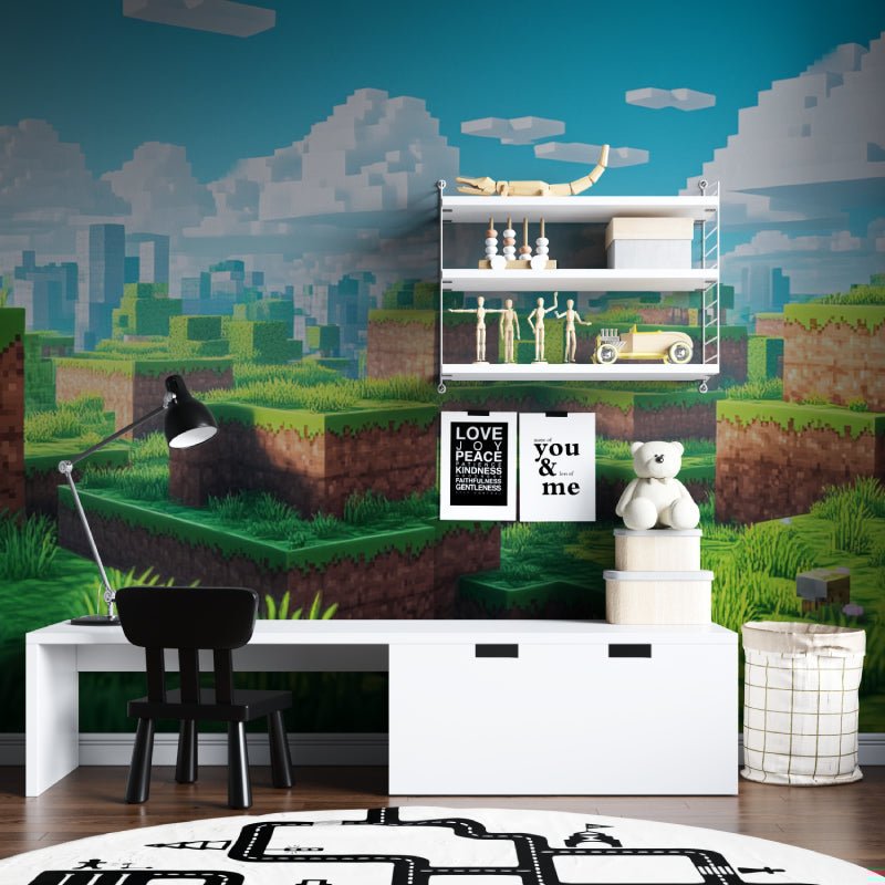Gaming room decorated with Minecraft-themed mural wallpaper and modern furniture