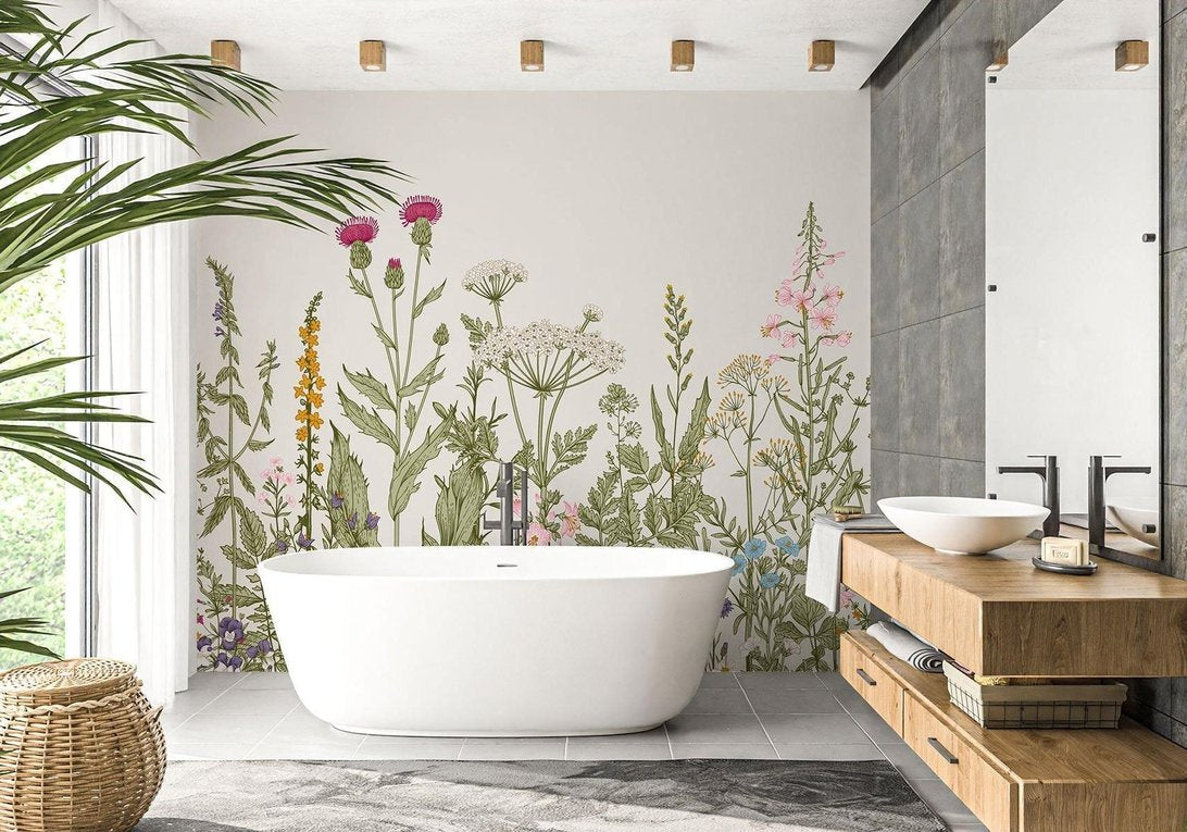 Wildflower mural wallpaper in contemporary bathroom with freestanding bathtub and wooden vanity