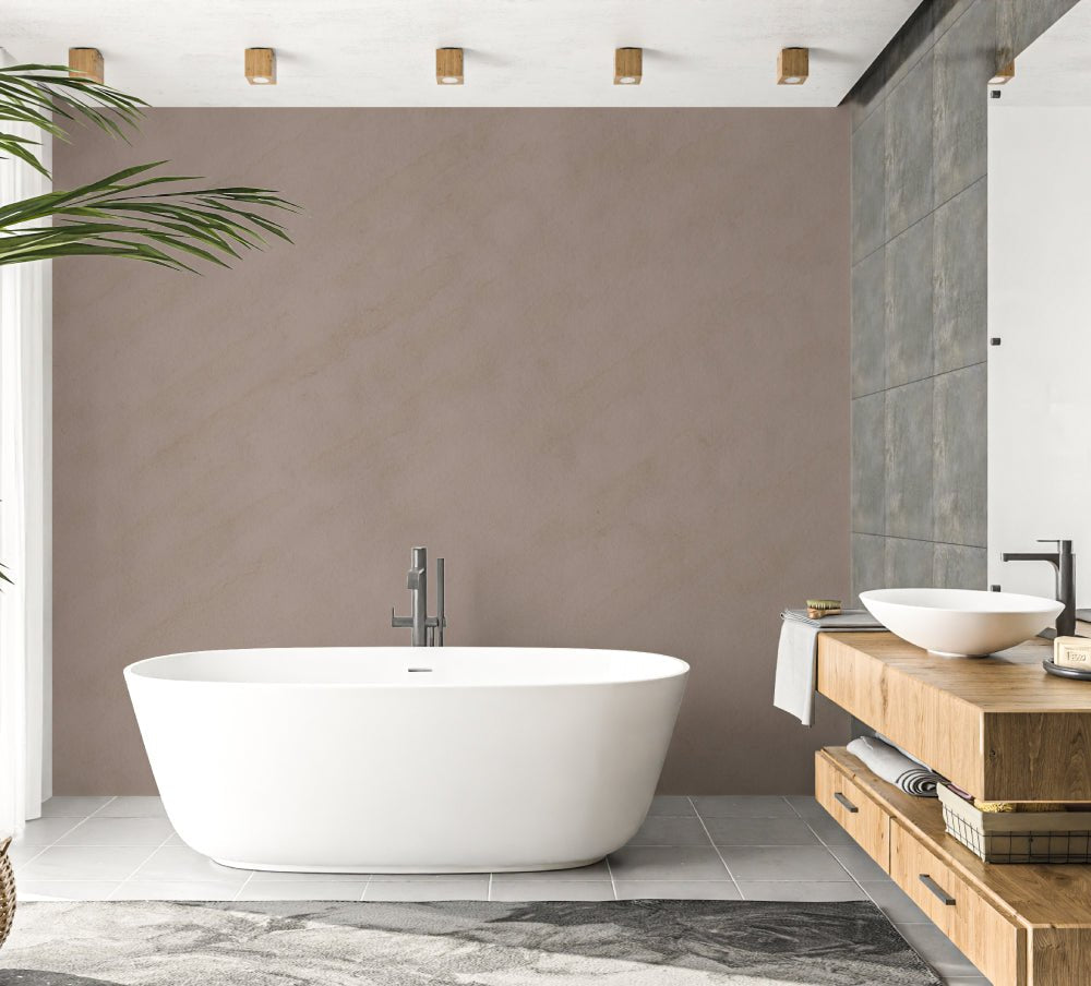 Spa-inspired bathroom setting with taupe mineral wallpaper and contemporary fixtures