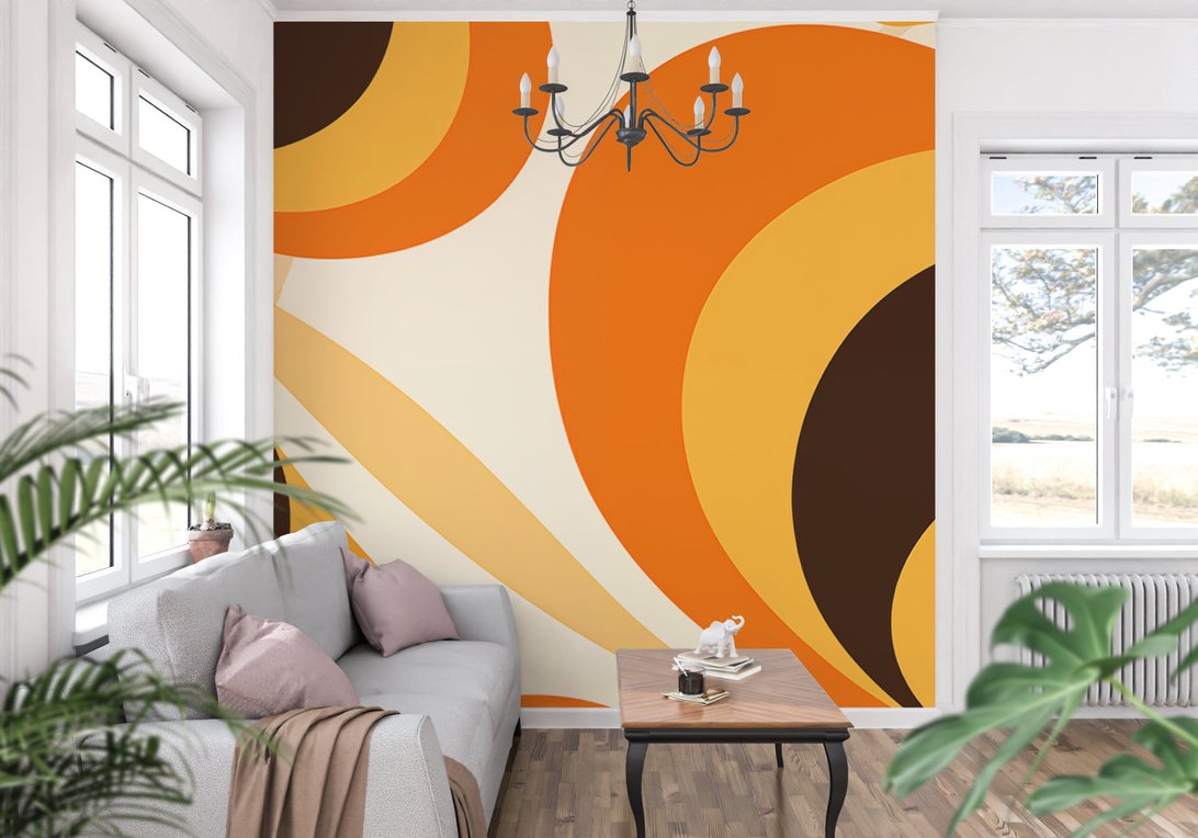 Vintage geometric mural wallpaper with orange circles pattern in bright living room