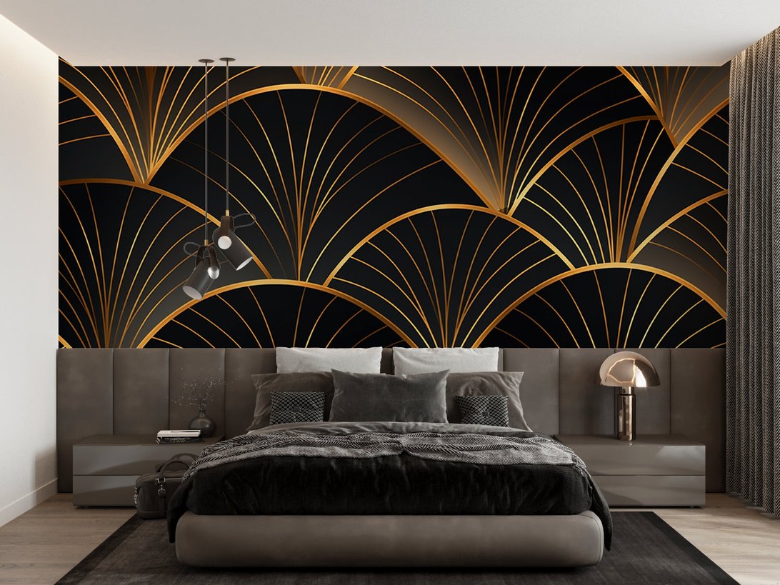 Art Deco black and gold fan pattern mural wallpaper in modern bedroom setting