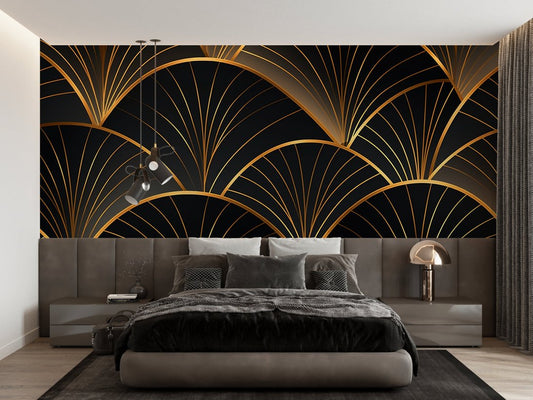 Art Deco black and gold fan pattern mural wallpaper in modern bedroom setting