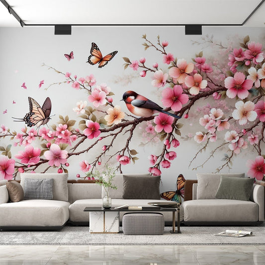 Japanese cherry blossom mural wallpaper with pink flowers, butterflies and bird in modern living room setting
