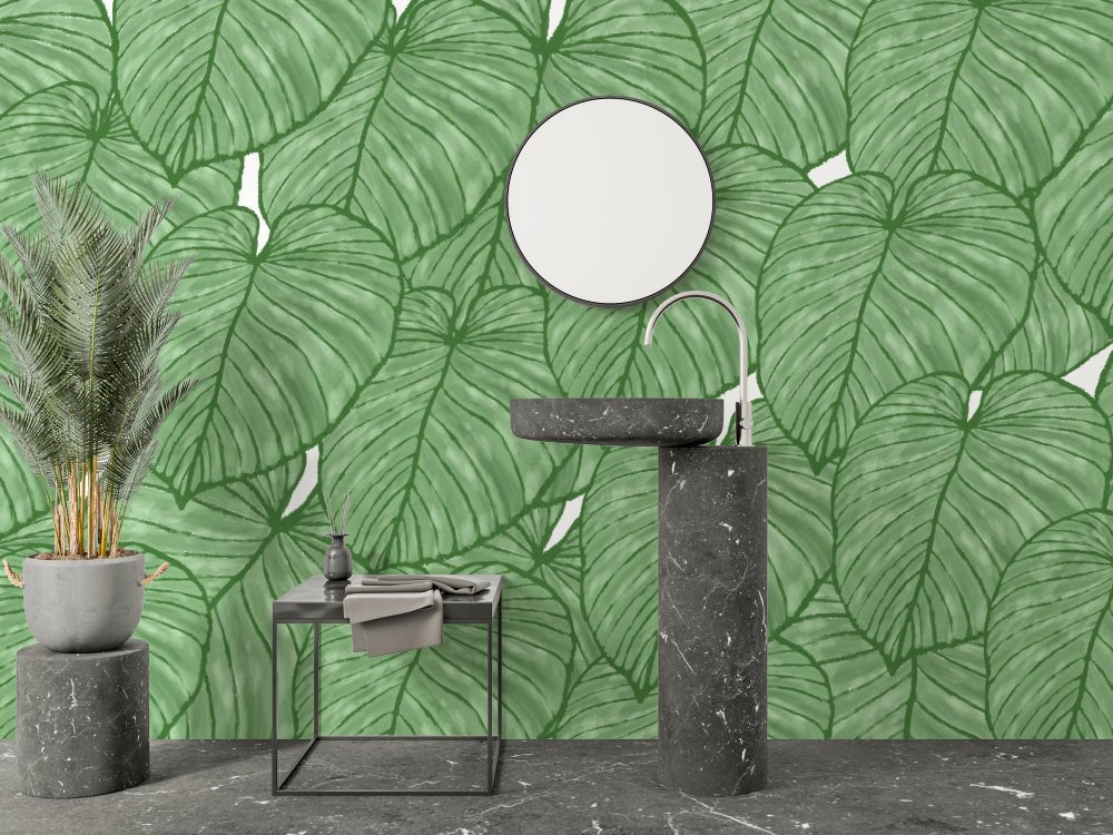 Contemporary marble bathroom featuring large-scale Monstera leaf wall design
