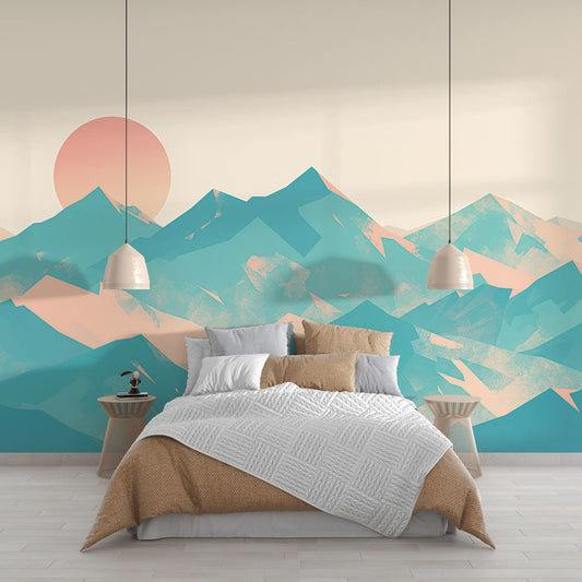 Abstract mountain range mural wallpaper in turquoise and coral tones shown in modern bedroom setting