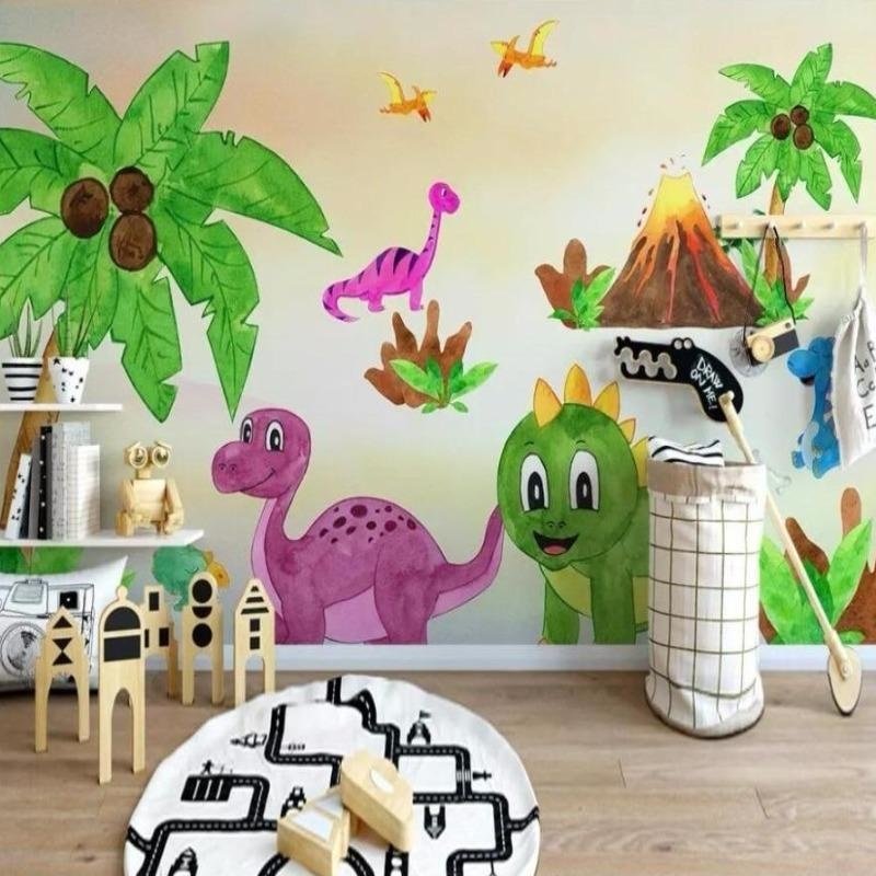 Watercolor dinosaur wall mural featuring purple brachiosaurus and tropical landscape with volcano