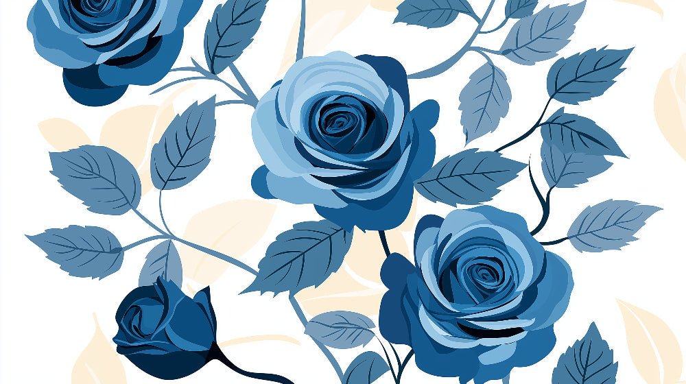 Close-up detail of blue rose pattern with elegant foliage on light background