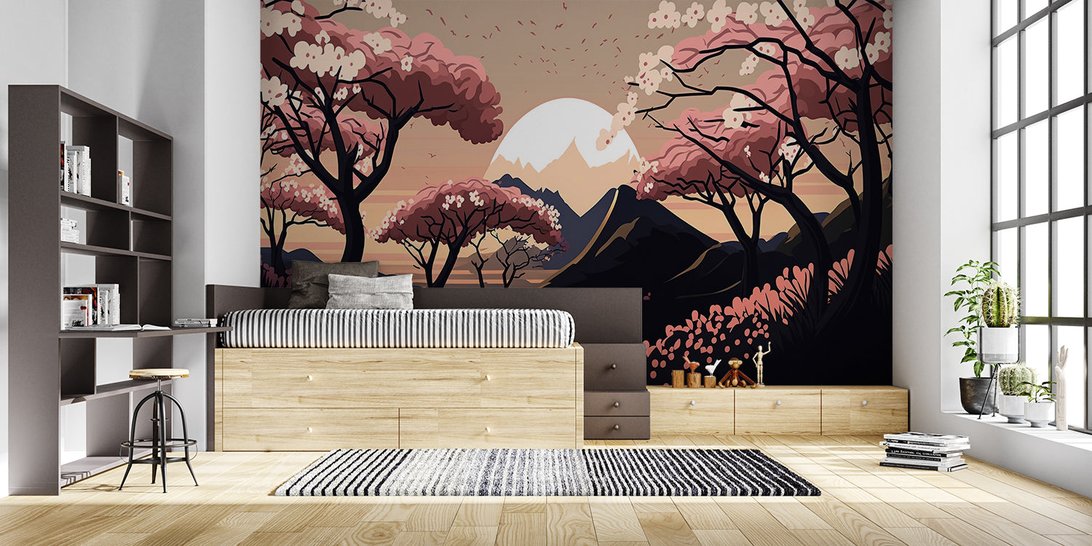 Panoramic view of cherry blossom wall mural in contemporary bedroom