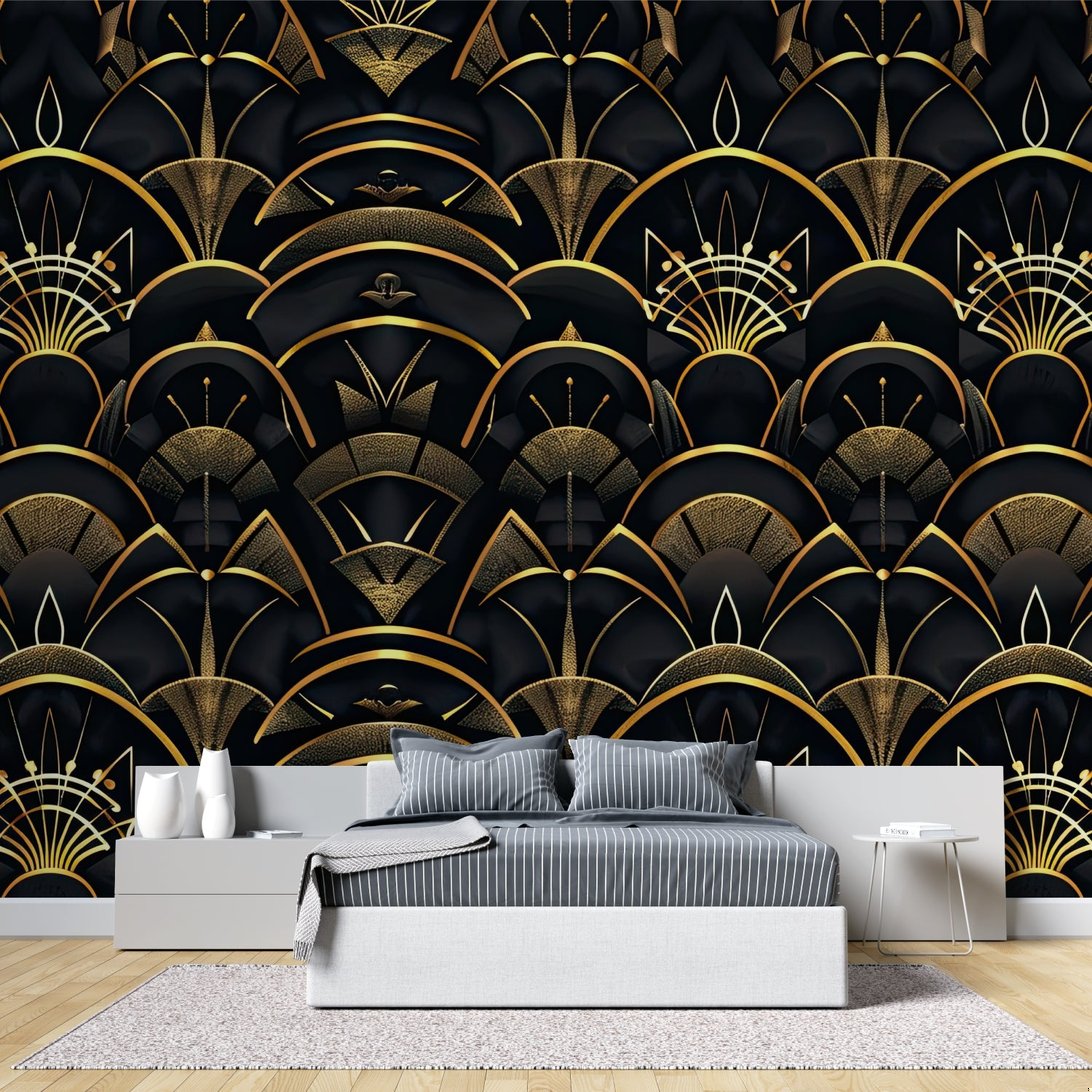 Close-up of black and gold geometric fan pattern mural wallpaper