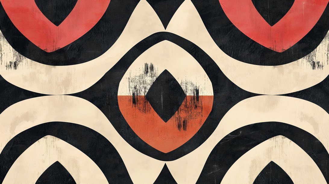 Close-up of Art Deco geometric pattern showing black and terracotta curved shapes