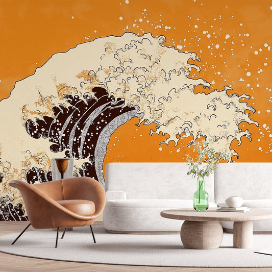 The Great Wave Japanese mural wallpaper in orange and black shown in a modern living room setting