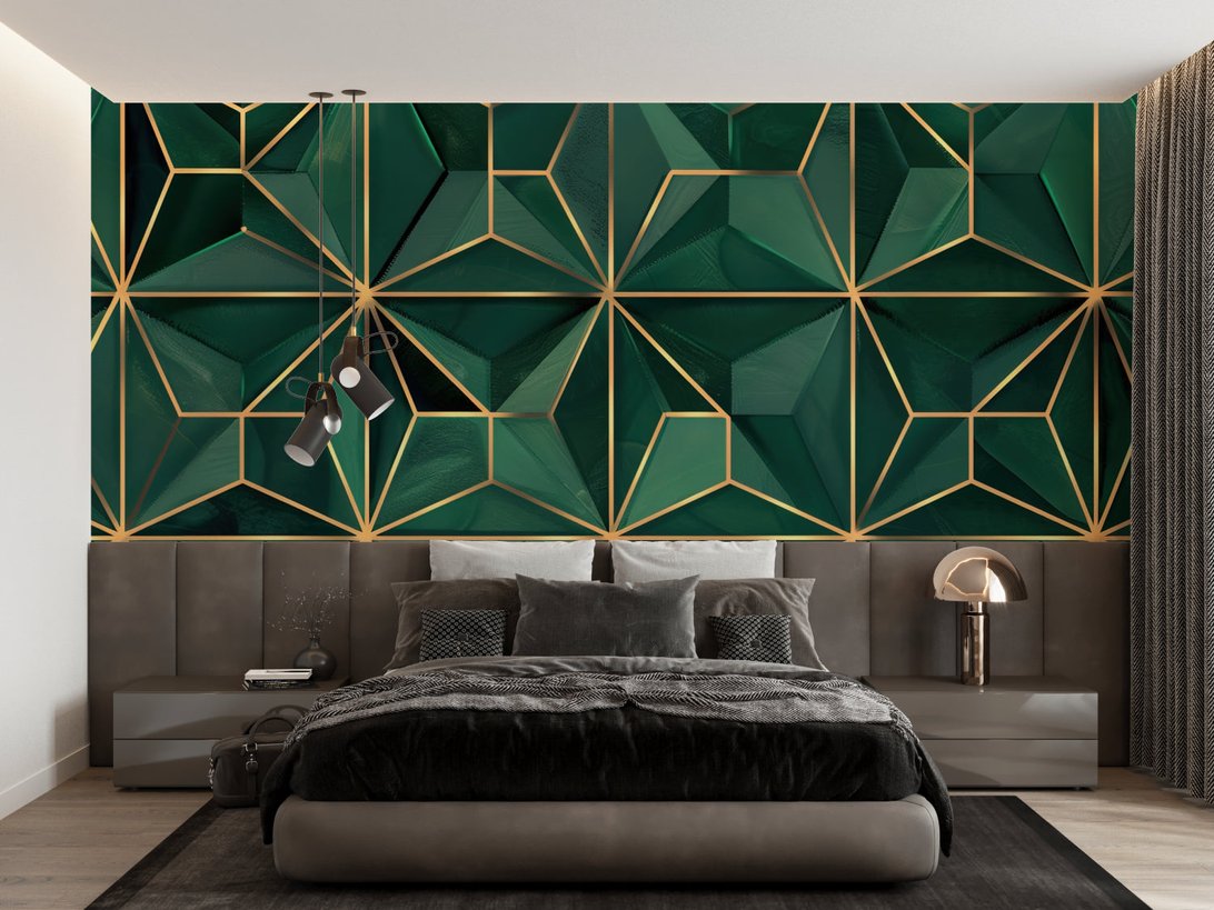 Luxurious bedroom with emerald green and gold geometric art deco mural wallpaper accent wall