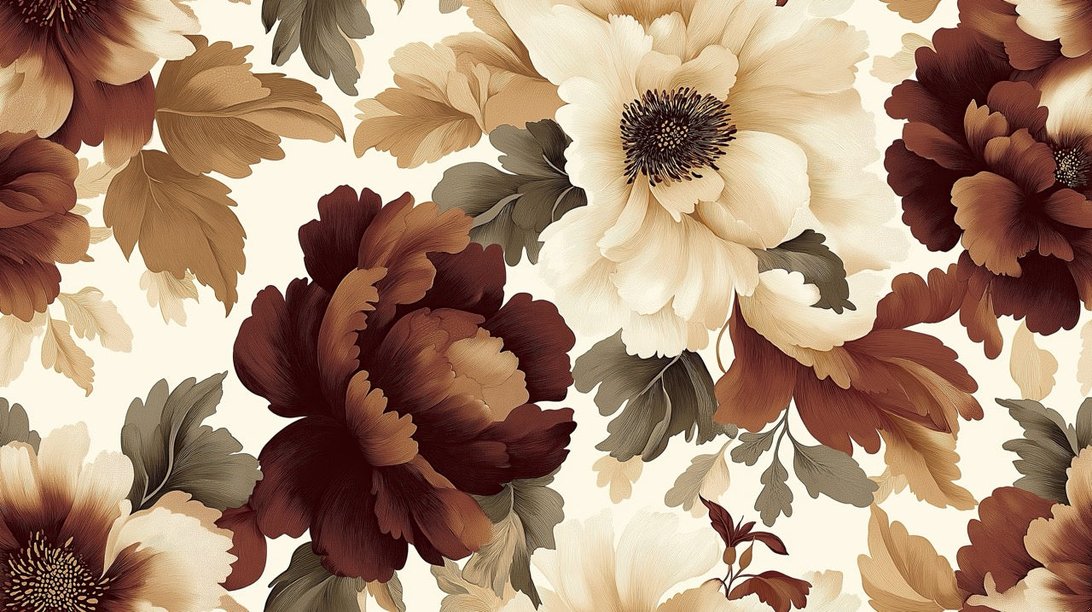 Close-up of vintage floral mural wallpaper pattern showing detailed burgundy and cream peony blooms with sage leaves