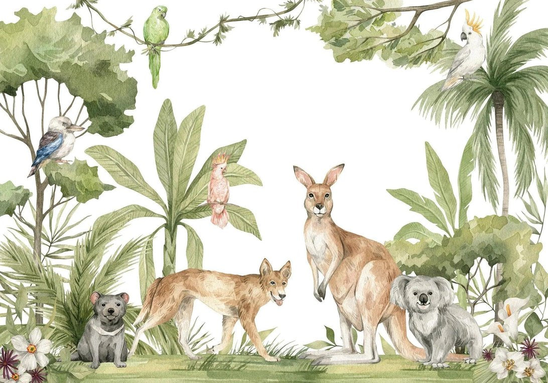 Detailed view of watercolor Australian animals mural wallpaper with kangaroos, koalas, and tropical plants